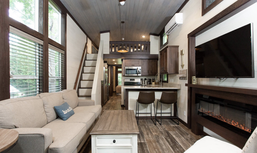 The Seabreeze (model LS-104) — 394 sqft park model tiny home, king bedroom with private upstairs loft